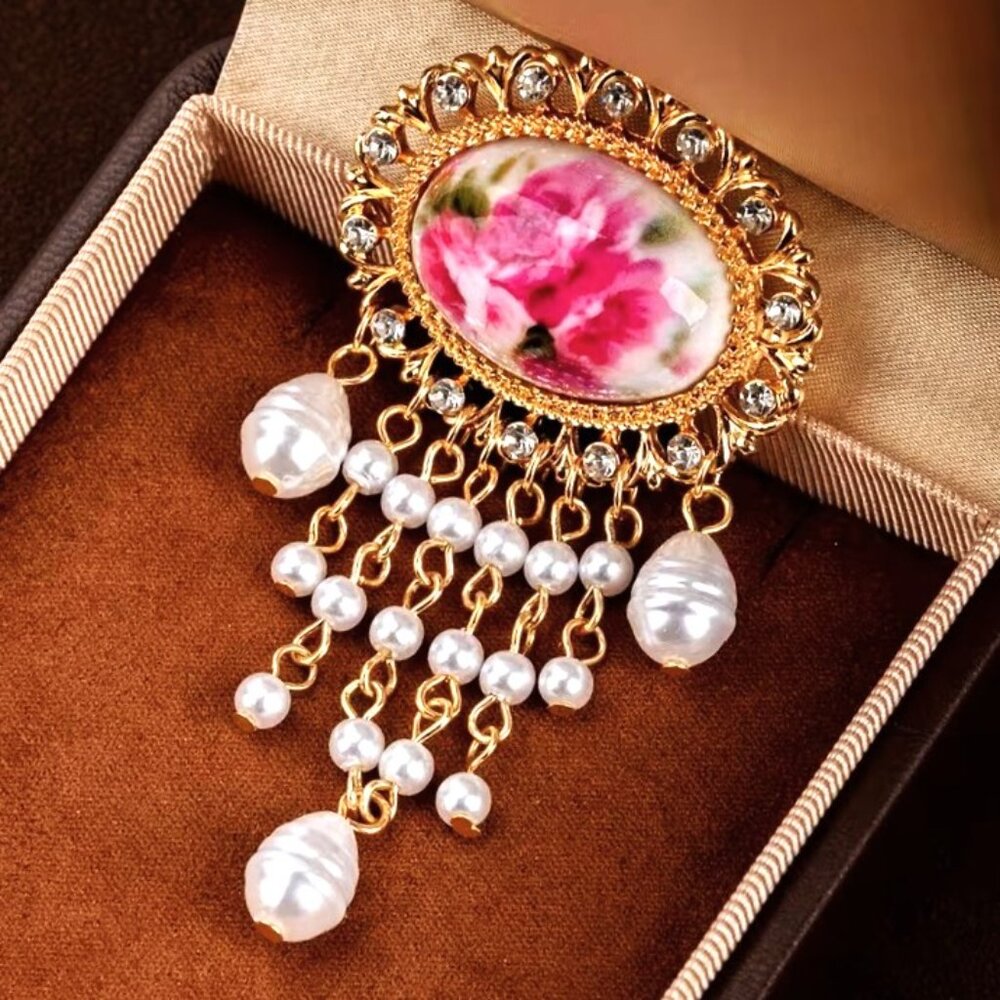Flower Cameo Brooch Rhinestones Pearls Glam Sparkle Unique Stylish Ornate Luxe
